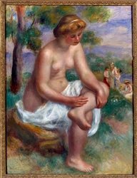 Badande sitter i ett landskap som kallas Eurydice Målning av Pierre Auguste Renoir