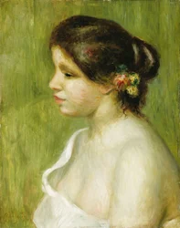 Byst av en ung flicka med blommor som dekorerar hennes öra, 1898