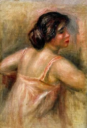 Kvinna i tre fjärdedels längd. Hon är klädd i en rosa jumpsuit och har håret uppsatt i en knut. Målning av Pierre Auguste Renoir (1841-1919). Olja på duk. Privat samling