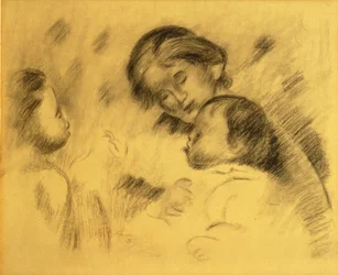 Gabrielle Renard med Jean Renoir och en liten flicka, ca 1895-96 (svart krita ombord)