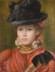 Flicka med svart hatt och röda blommor, cirka 1890