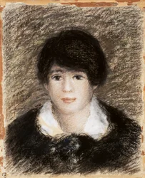 Ung kvinna, ansiktsbild med svart klänning och vit krage. Teckning av Pierre Auguste (Pierre-Auguste) Renoir (1841-1919)