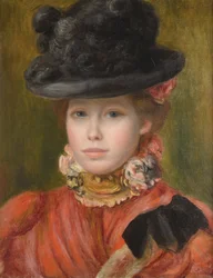 Ung flicka med svart hatt och röda blommor, av Pierre Auguste Renoir (1841-1919), ca 1890 - Privat samling