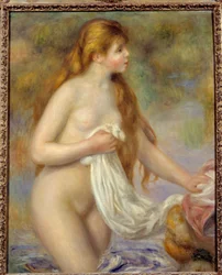 Långt hår badande målning av Pierre Auguste Renoir (1841-1919)