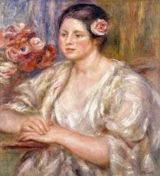 Madeleine i en vit blus och bukett blommor, ca 1915-1919