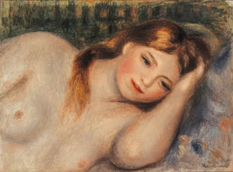 Naken, ung flicka liggande som byst, 1905