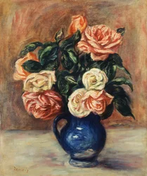 Rosor i en blå vas, ca 1900
