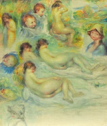 Studier av Pierre Renoir, hans mor, Aline Charigot, nakenbilder och landskap, 188586.