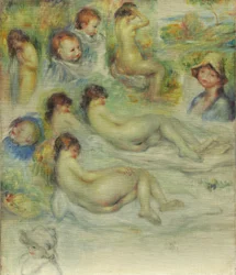 Studier av Pierre Renoir, hans mor, Aline Charigot, nakenbilder och landskap, 1885-86