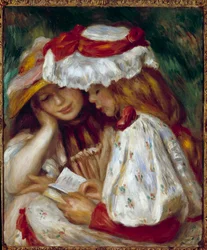 Två unga flickor läser målning av Pierre Auguste Renoir (1841-1919)