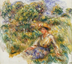 Kvinna i en blå hatt som sitter på gräset; Kvinna i blått i hatt som sitter på gräset, c.1916