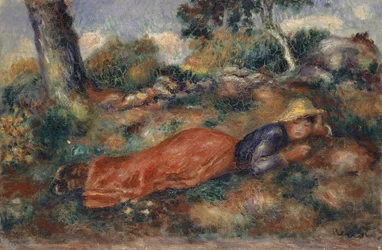 Ung kvinna som ligger i gräset Ung kvinna som ligger på gräset, ca 1890-1895.