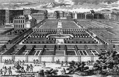 Vy över köksträdgården i Versailles vid tiden för Ludvig XIV, gravyr av Aveline