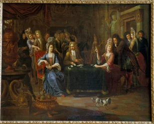 Nobles kortspelare som spelar kort i ett vardagsrum. Målning av Pierre Bergaigne (1652-1708) 1699 Arras, Musee Des Beaux Arts