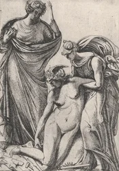 Studie som stöder svimningspersonifieringen av skulptur, stående bredvid dem, Fran..., 1607-61.