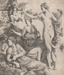 Venus, stående med de tre gracerna, erbjuds en blomma från en putto, 1607-61.