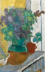 Franska: Lilas mauve dans un vase de terre jaune et vert