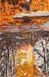Landskap, det rosa huset, solnedgång; Landskap, Det rosa huset, solnedgång, ca 1934 (olja på duk)