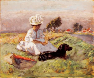 Madame Bonnard. Målarens hustru sitter med sin hund. Målning av Pierre Bonnard