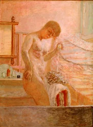 Naken står vid sin toalett Målning av Pierre Bonnard (1867-1947) 1920 Paris, samling Alphonse Bellier