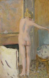 Naken framför en Mantelpiece