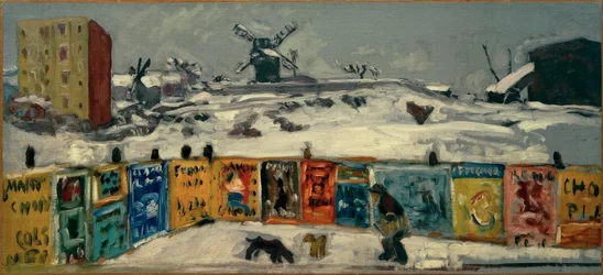 Palisad, affischer (Palisad täckt med affischer och de gamla Montmartre-kvarnarna under snön)