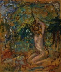 Liten naken, armarna höjda, i ett landskap, ca 1907 (limmålning ombord nedlagd på vaggad panel)