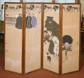 The Nannies Out for a Walk or the Frieze of Hackney Carriages, Folding Screen i 4 paneler, 1899 (färgtryck i träskärm)