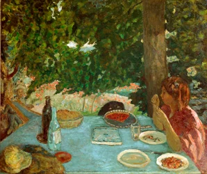 Körsbärspajen Ung kvinna som sitter har ett bord i en trädgård. Målning av Pierre Bonnard (1867-1947) 1908 Dim. 115x126 cm Zürich, Samling Peter Nathan