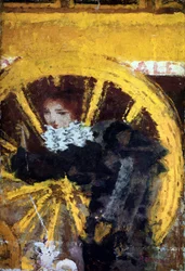 Omnibus Ung kvinna och hennes hund nära hjulen på en vagn. Målning av Pierre Bonnard (1867-1947) 1895 Collection Vicomtesse de Maublanc