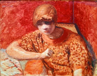 Den orange blusen Ung drömmande kvinna som sitter har ett bord på en röd bakgrund. Målning av Pierre Bonnard (1867-1947) 1913 Dim. 52x67 cm Paris, Privat samling