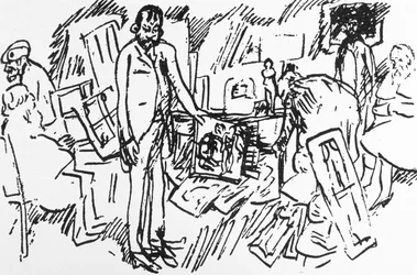 Den parisiske konsthandlaren Ambroise Vollards butik i Paris omkring 1895: målarna Camille Pissarro, Auguste Renoir, Pierre Bonnard och Edgar Degas med en kund (penna och bläck på papper)
