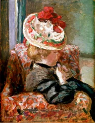 Stråhatten Kvinna som sitter på en blomsoffa. Målning av Pierre Bonnard