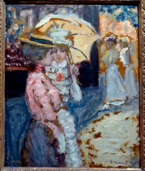 Promenaden Två eleganta unga kvinnor klädda i mode Belle Epoque pratar under sitt paraply. Målning av Pierre Bonnard (1867-1947) 1900 sön. 0,38x0,21 m Privat samling