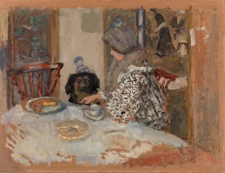 Kvinna med hund, eller Kvinna och hund vid bordet