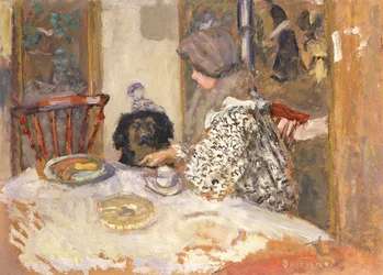 Kvinna med en hund vid bordet (olja ombord)