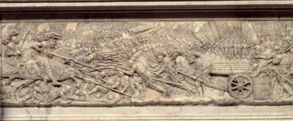 Slaget vid Marignano 1515. Gravmonumentet över hjärtat av Frankrikes kung Frans I (1494-1547): lågrelief av Pierre Bontemps (omkring 1507-1568)