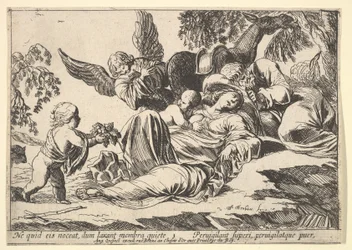 Änglar som ger frukt till den sovande heliga familjen, 1610-42.