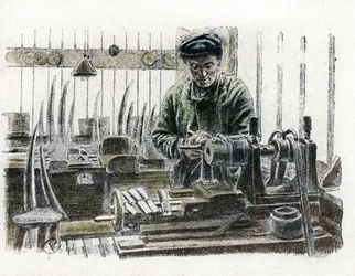 En elfenbensarbetare som täljer elefantbetar på jobbet i sin verkstad och arbetar med elefantförsvar (Elfenbensarbetare som täljer elefantbetar) Gravyr från "" Excursion a travers les metiers" av Pierre Calmette Collection privee