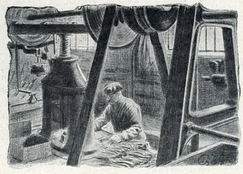 Bestickstämpling med kvarn Gravyr från "Excursion a travers les metiers" av Pierre Calmette Private Collection
