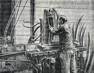 Elfenbenshantverkare som skär elefantbetar Gravyr från "Excursion a travers les metiers" av Pierre Calmette Private Collection
