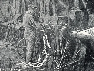 Läderindustri: mekanisk klippning av pälsar Gravyr från "Excursion a travers les metiers" av Pierre Calmette Privat samling