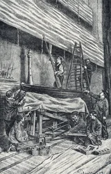 Fastighetsmästare: sätta upp scenografier före föreställningen Gravyr från "Excursion a travers les metiers" av Pierre Calmette Private Collection