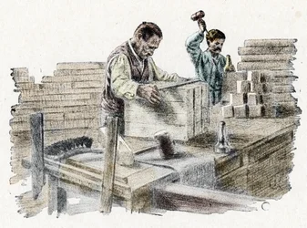 Savonnerie: skärning av tvålbröd (tillverkning av tvål) Gravyr från "Excursion through the trades" av Pierre Calmette Privat samling