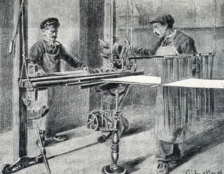 Sidenverkstad: förberedelse av kedjan vid mappen (Sidenarbete) Gravyr från "Excursion through the metiers" av Pierre Calmette Private Collection