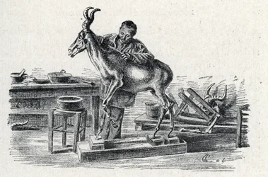 Taxidermi: En taxidermist stoppade hartebeest i sin verkstad Gravering från Excursion a travers les metiers” av Pierre Calmette Collection privee