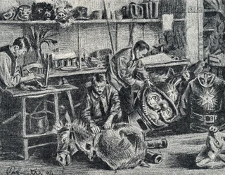 Workshop av teater och visar tillbehör produktion Gravering från Pierre Calmette Private Collection