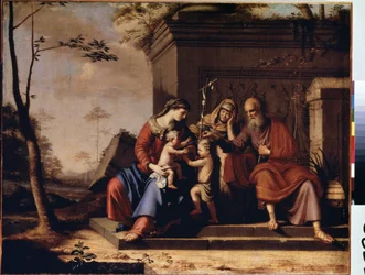 ""Den heliga familjen"" Målning av Pierre Cauchy (?-1687) 1655 Mått 78x106 cm Eremitagemuseet, Sankt Petersburg, Ryssland