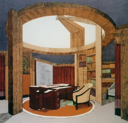 Förslag till arbetsrum med bibliotek (Bureau-Bibliothèque) för Ambassade de France, presenterat på den internationella utställningen för dekorativ konst i Paris 1925, Frankrike, 1900-talet
