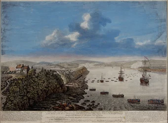 En vy av landningsplatsen ovanför staden Quebec som beskriver attacken...på Hauteurs DE Abraham 13 september 1759, ca 1760